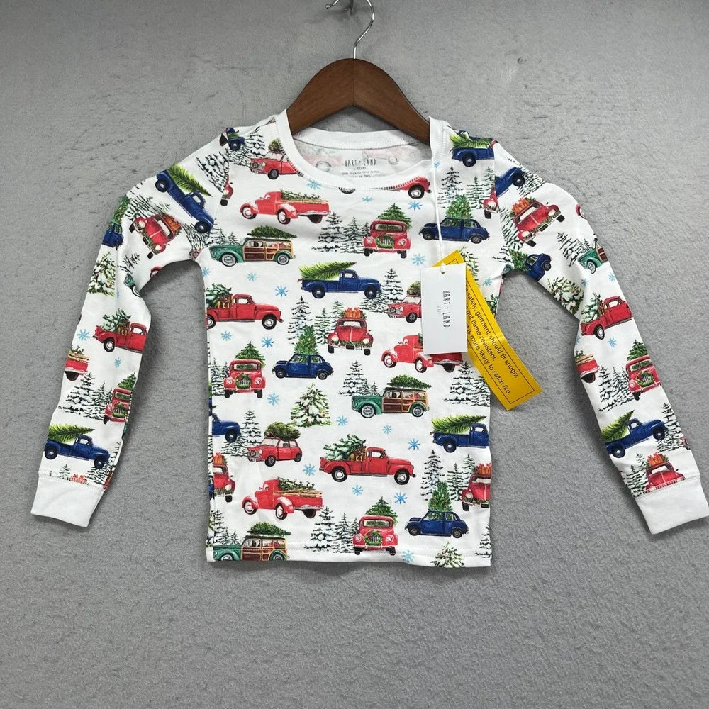 Hart + Land Pajama Set Kids 5 White Christmas Trucks Organic Pima Cotton NEW